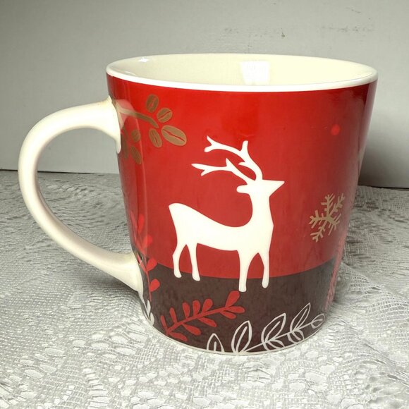 Starbucks 2009 Holiday Reindeer Coffee Mug – New Bone China, Red, Brown, Gold Ac - Picture 1 of 5